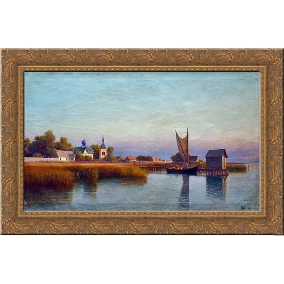 View of the town from the riverside 24x16 Gold Ornate Wood Framed Canvas Art by Lev Lagorio