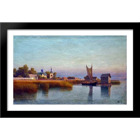 View of the town from the riverside 40x26 Large Black Wood Framed Print Art by Lev Lagorio