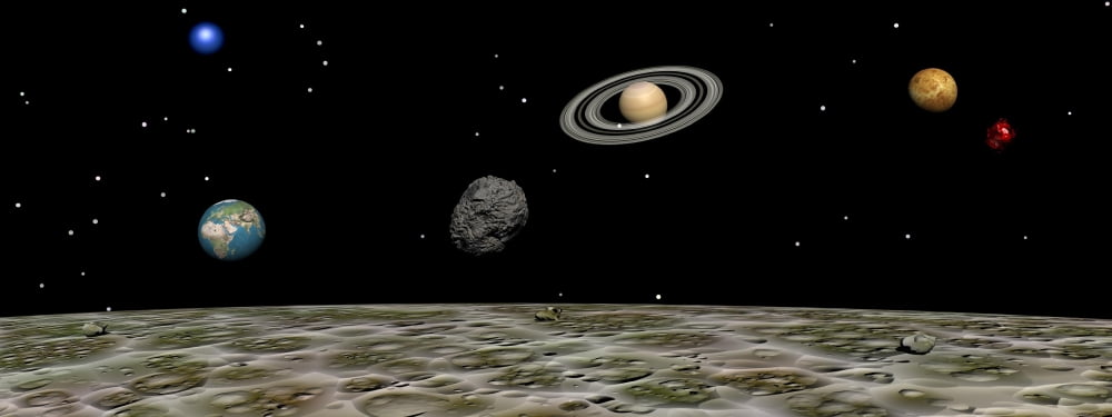 View of the universe and planets as seen from a distant moon Canvas Art - Elena DuvernayStocktrek Images (46 x 18)