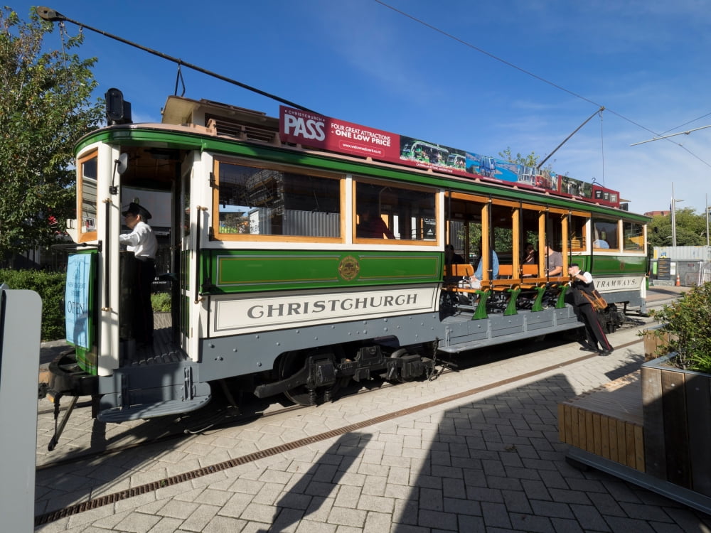 View of tram on street in a city Christchurch South Island New Zealand Canvas Art - Panoramic Images (18 x 24)