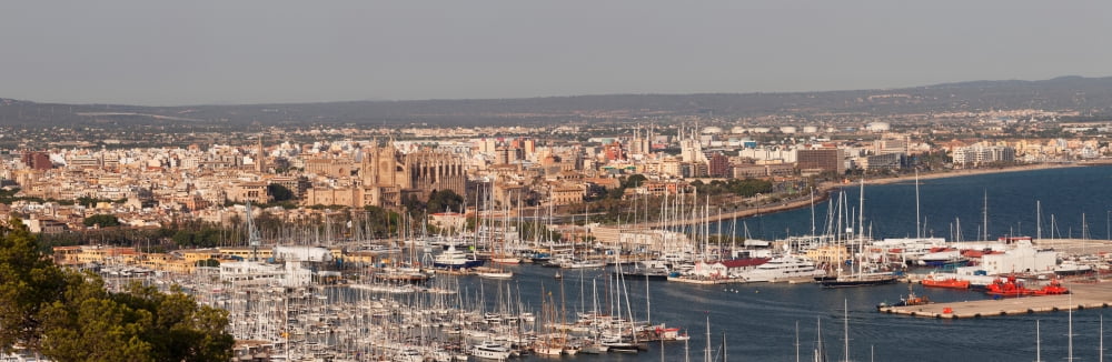 View over the old town of Palma with Palma Cathedral (La Seu) and Almudaina Palace Majorca Balearic Islands Spain Canvas Art - Panoramic Images (36 x 12)