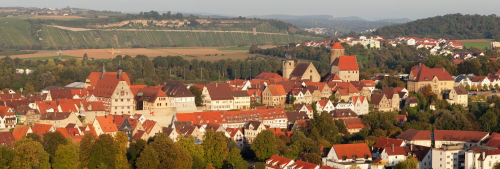 View of the old town with Schochemturm Tower and town hall and Waldhornturm Tower Besigheim Ludwigsburg Baden-Wurttemberg Germany Canvas Art - Panoramic Images (27 x 9)