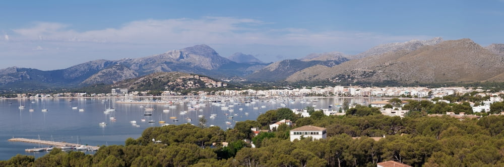 View over Port de Pollenca to Serra de Tramuntana mountains Pollenca Majorca Balearic Islands Spain Canvas Art - Panoramic Images (36 x 12)