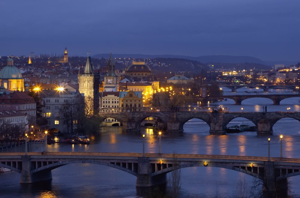 View over Prague and the River Vltava Czech Republic Europe Canvas Art - Mark Thomas Design Pics (19 x 12)