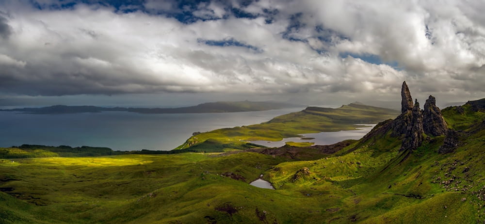 View over the Old Man of Storr at sunset Isle of Skye Scotland Canvas Art - Panoramic Images (12 x 24)