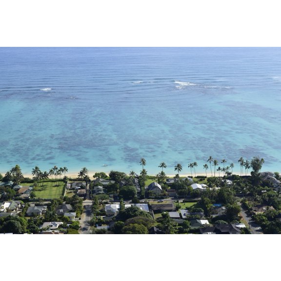 View overlooking the coastline of Lanikai Beach Oahu Hawaii Canvas Art - Ryan RossottoStocktrek Images (17 x 12)
