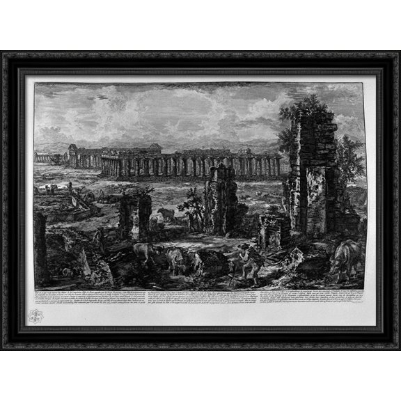 View the remains of the ancient city of Paestum 36x28 Large Black Ornate Wood Framed Canvas Art by Giovanni Battista Piranesi