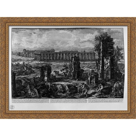View the remains of the ancient city of Paestum 36x28 Large Gold Ornate Wood Framed Canvas Art by Giovanni Battista Piranesi