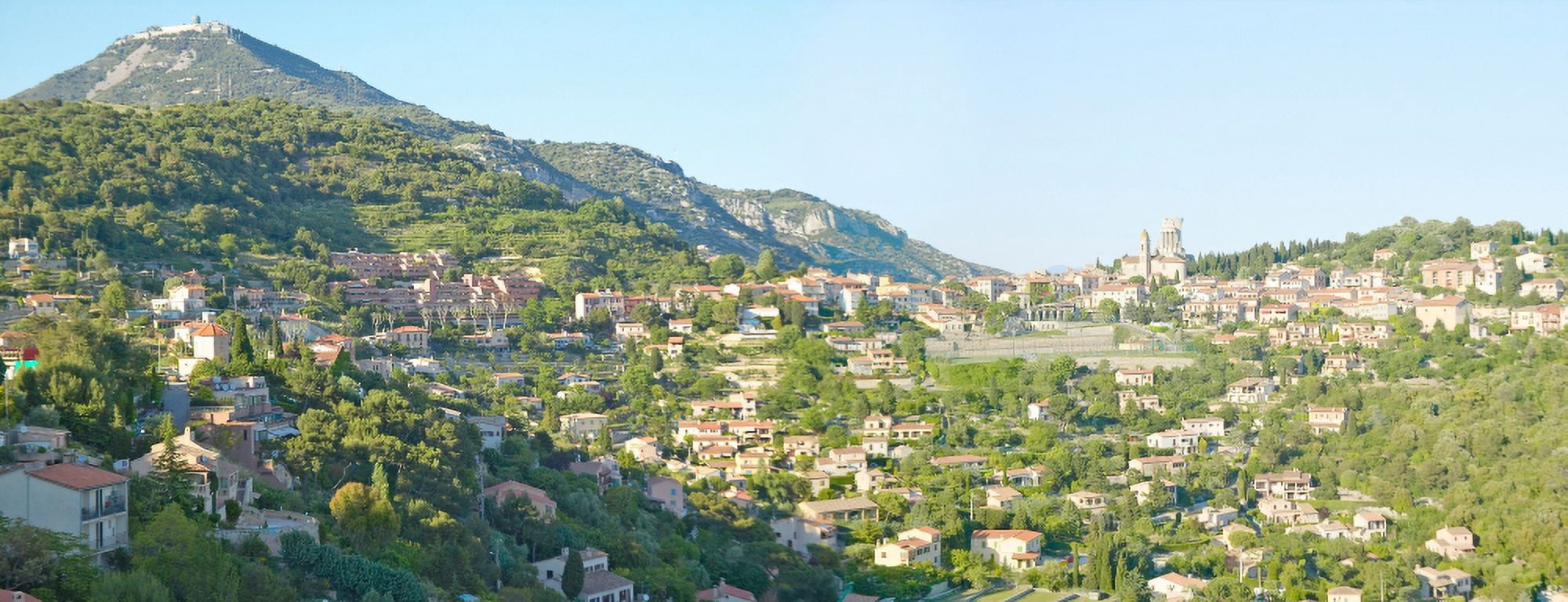 View toward Town of La Turbie with Trophee des Alpes and church France Canvas Art - Panoramic Images (27 x 9)