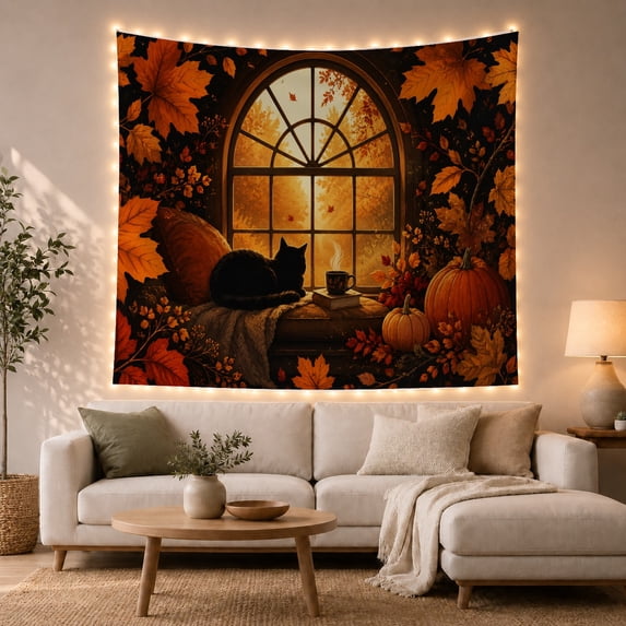 Viewed Through Arched With Wooden Window, Playful Illustration for Cat Lovers, Animal Wall Decor Room Accent, Halloween Gift, Tapestry Wall Hanging for Bedroom and Dorm
