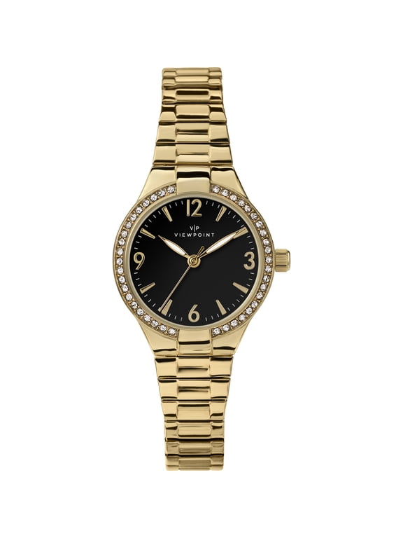 Viewpoint by Timex Women's Crystal 33mm Watch Gold-Tone Case Black Dial & Gold-Tone Stainless Steel Expansion Band