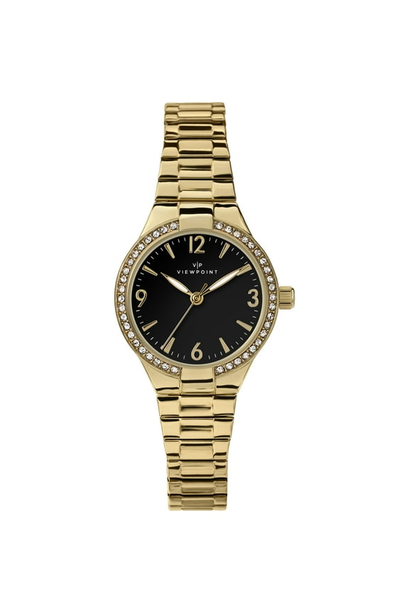Viewpoint by Timex Women's Crystal 33mm Watch Gold-Tone Case Black Dial & Gold-Tone Stainless Steel Expansion Band