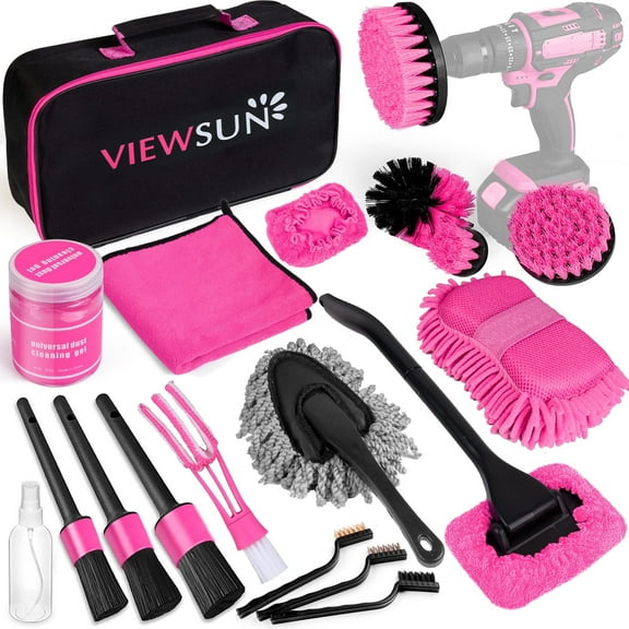 Viewsun 20PCS Car Cleaning Kit, Pink Car Interior Detailing Kit with Drill Brush Set, Windshield Cleaning Tool, Detailing Brushes, Wire Brushes, Cleaning Gel, Complete Car Cleaning Supplies for Women