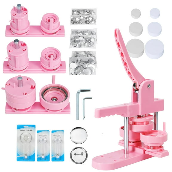 Viferr DIY Pin Button Maker Machine 1+1.25+2.25" Multiple Press with 300Pcs Button Parts Pink ABS