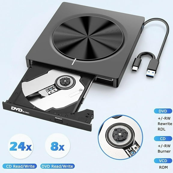 Viflosae 7 In 1 USB 3.0 Portable CD DVD VCD Player External Optical Drive High Speed Data Transfer Multi format Disc Reader for Home Office Entertainment Music Movie Backup