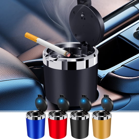 Viflosae Ashtray Ashtray for Outside Patio Car Ashtray with Lid Easy To Clean Portable Ashtray for Car Mini Car Trash Can Detachable Stainless Steel Ash Tray with LED Blue Light