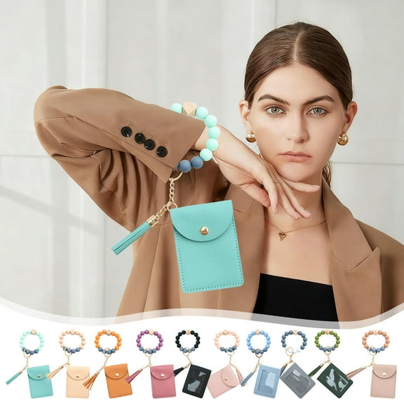 Viflosae Backpack Keychains Backpack Keychain Silicone Bead Bracelet Solid Color Card Bag Keyring Wallet Leather Fringe Multi-Card Compartment Coin Purse Leather Card Bag