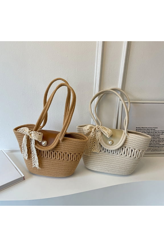 Beach Tote Pool Bag French Straw Bag Handmade Woven Bag Beach Bag Vintage Handbag Silk Scarf Decorative Three Dimensional Bag Commuting Bag Going Out Storage