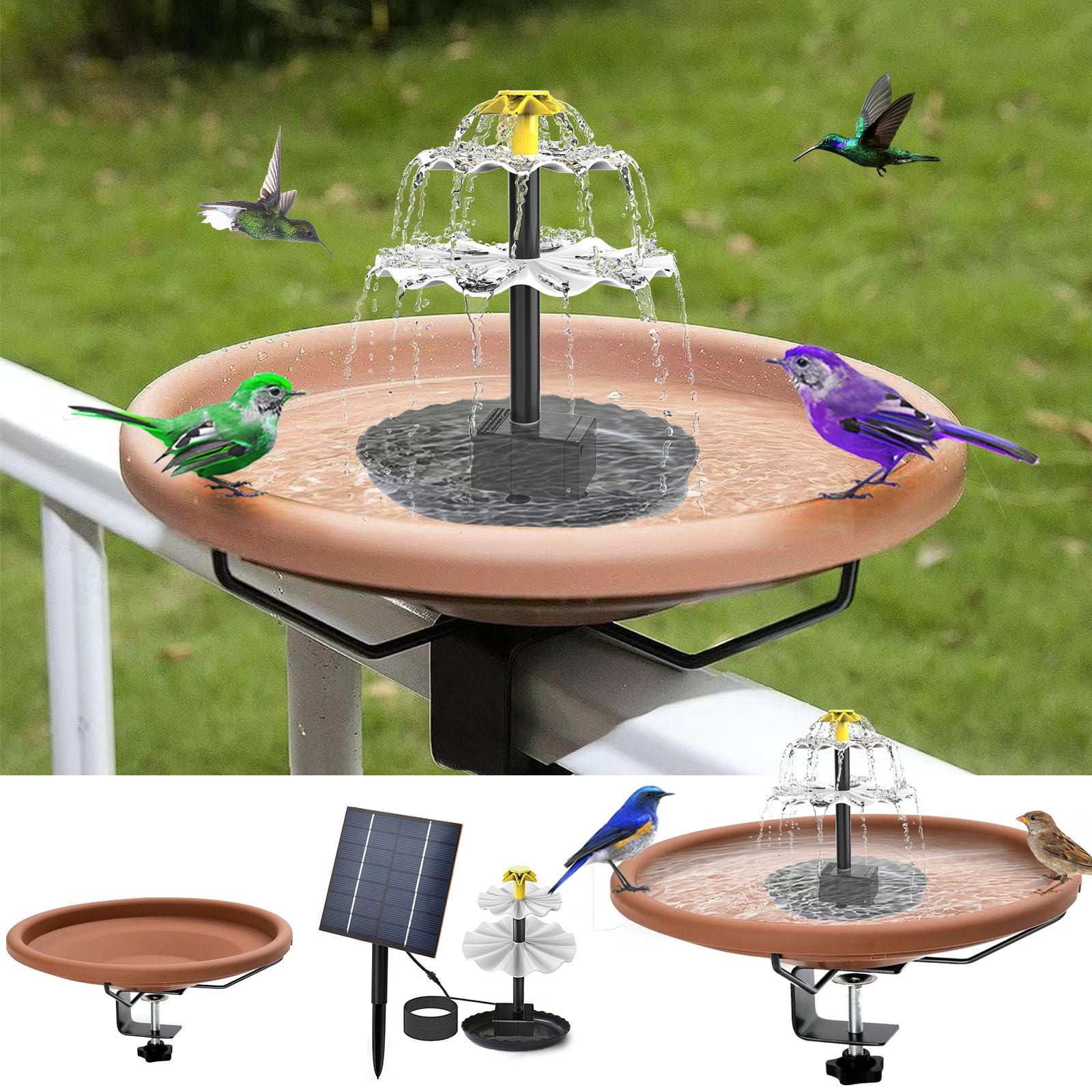 Viflosae Bird Feeder Squirrel Proof Decking Mounted Glass Bird Baths Bowl Spa with Adjustable Sturdy Steel Clamp and Solar Fountaini Pump for Garden Patio Grass Yard Decks Railing Decoration