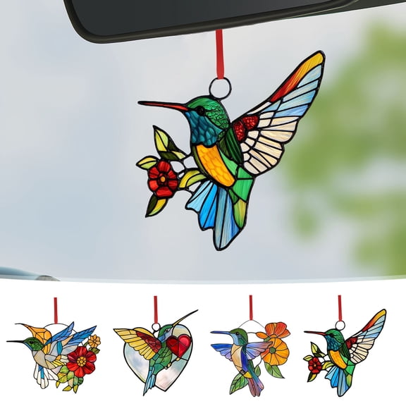 Viflosae Car Mirror Hanging Accessories Small Gift Gifts for Women One Day Hummingbirds Stained Glass Window Pendant