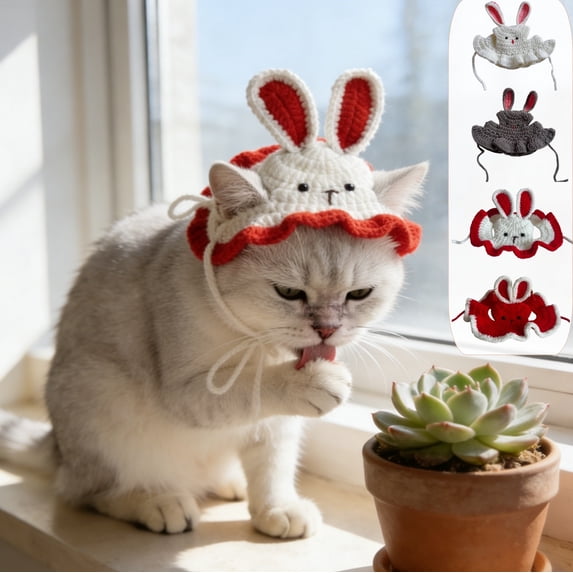 Viflosae Cat Hat Dog Hats for Small Dogs Easter Bunny Ear Pet Knit Hat for Easter Photos Handmade Soft Yarn Puppy Pussy Holiday Hat Adjustable Cute Pet Accessories for Small Medium Pet