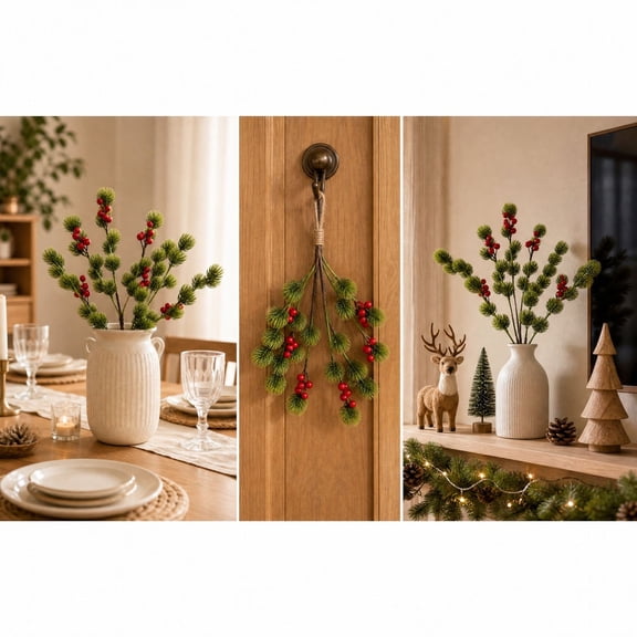 Viflosae Christmas Tree Decor 19.7 Inch Christmas Pine Needle Cuttings, Artificial Red Fruit Branches for Home Decoration