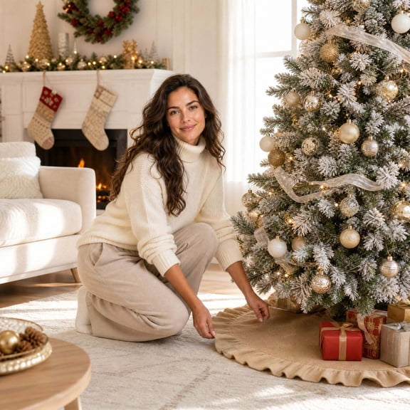 Viflosae Christmas Tree Skirt Ruffled Christmas Tree Skirt, 80cm Burlap Xmas Tree Base Cover for Farmhouse Holiday Decor