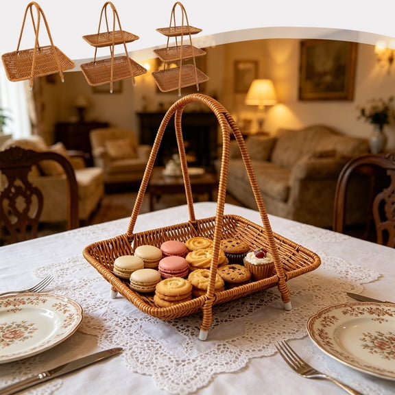 Viflosae Cupcake Stand Cup Cake Tower Stand Rattan Handled Serving Basket 1/2/3 Tier Wicker Snack Tray Rectangular Woven Food Display Stand for Cupcake Macaron Fruit Tea Party Home Kitchen Decor