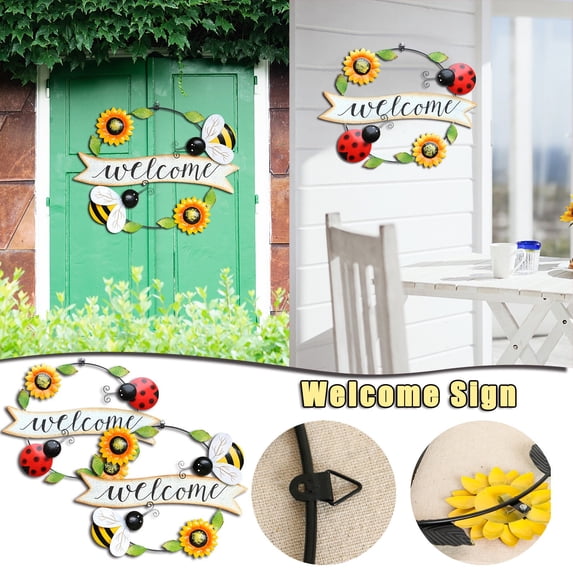 Viflosae Spring Wreaths for Front Door Outside Outdoor Spring Wreaths Retro Welcome Iron Wall Decoration Bee Sunflower Beetle Wreath Decor