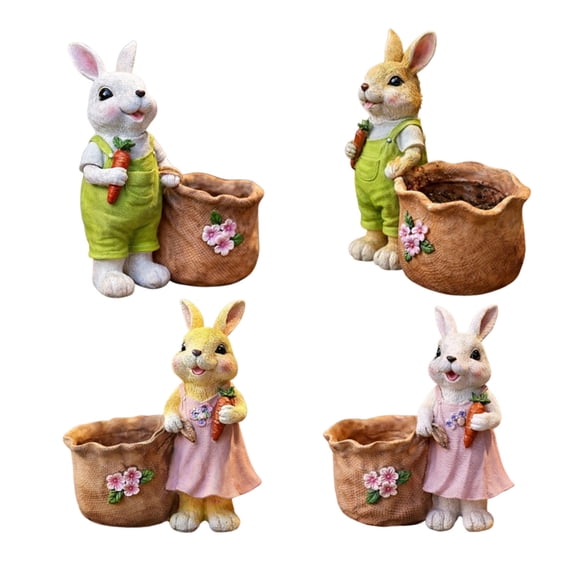 Viflosae Easter Bunny Decor Easter Bunny Resin Planter Cute Pots with Carrot Floral Details Indoor/Outdoor Garden Decor
