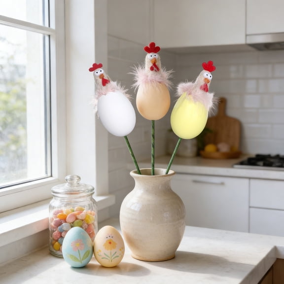 Viflosae Easter Bunny Decor Easter Chick Decoration Plu S H Yellow Chick Figurine with Egg She L L Pick Cute Fl U Ffy Rooster Farm Chicken Theme Party Supplies Spring Home Decor