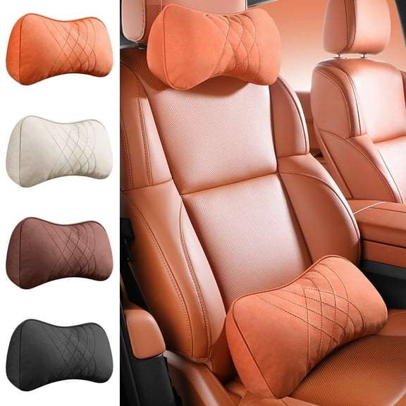 Viflosae Embroidered Leather Velvet Car Headrest Interior Foam Neck Pillow Support Set Soft Comfortable Car Seat Cushion Decorative Auto Accessory