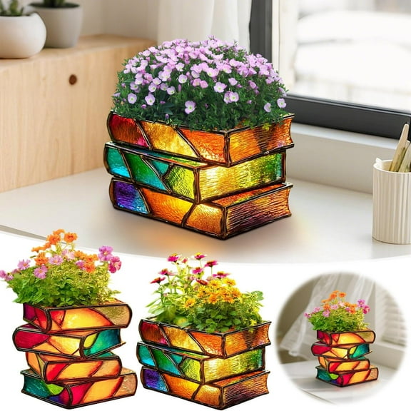 Viflosae Flower Pots Outdoor Outdoor Flower Pots Stacked Books Resin Planter Mini Desktop Pot for Small Plants and Decorative Use Gift for Anniversary, Birthday, Christmas