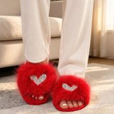 Toe Rhinestone Viflosae Fuzzy Slippers Faux Fur Rhinestone Heart Open Toe Slippers ...