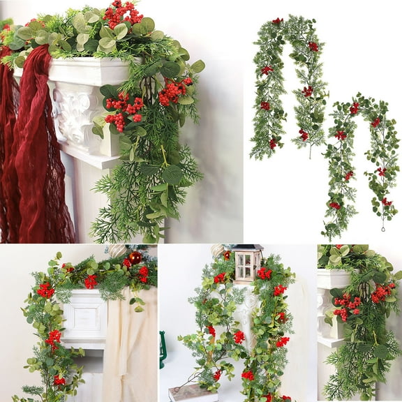 Viflosae Guirnaldas De Navidad Pine Garland Christmas Themed Artificial Red Berries and Rattan Home Decor Product Hanging Fireplace for Christmas Tree Decorating