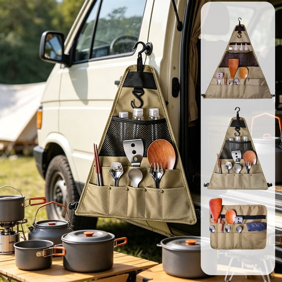 Viflosae Hanging Camping Utensil Storage Bag Multi Pocket Foldable Waterproof Kitchen Tool Organizer for Outdoor Picnic BBQ RV Travel Use