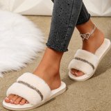 Toe Rhinestone Viflosae House Slippers for Women Faux Fur Rhinestone Open Toe Slippers ...