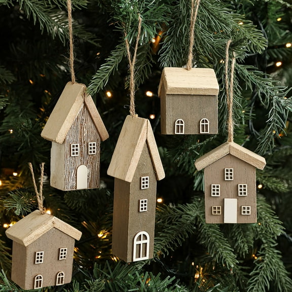 Viflosae Ornaments Outdoor Christmas Decorations Solid Wood Christmas House Miniature Tree Hanging Ornament Wooden House Decorative Hanging Decorations
