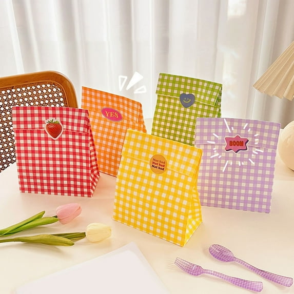 Viflosae Paper Bags Brown Bags with Handles Colorful Plaid Kraft Paper Bag Gift Wrap Small Gift Paper Bag Cute Storage Organizer Bag