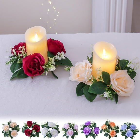 Viflosae Rose Candle Wreath Artificial Silk Flower Ring Leaf Candle Wreath Wedding Valentine Day Party Table Candlestick Decorations Valentines Day Gifts