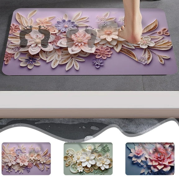 Viflosae Rugs for Living Room Bath Mats for Bathroom Diatomite Three-dimensional Flower Floor Mat Bathroom Non-slip Mat Quickdrying Soft Foot Mat Washable Foot Mat for Office, Standing Desk,