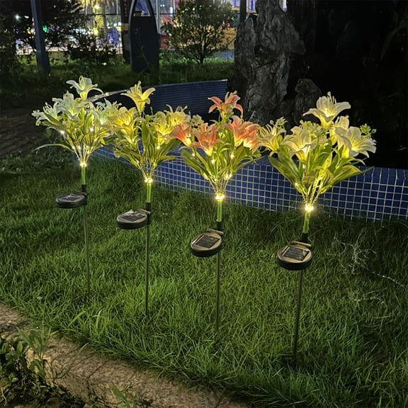Viflosae Solar Lights Outdoor Decorative Solar Lilium Flower Ground Plug Light Outdoor Courtyard Garden Decoration Mood Light LED Solar Artificial 7 Head Lilium Flower Light