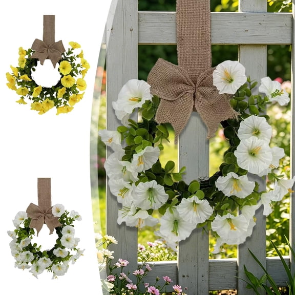 Viflosae Spring Summer Wreaths for Front Door Spring Door Wreath Spring Simulation Bow Horns Flower Ring Display Window Door Hanging Wall Hanging Home Farmhouses Decoration Pendant