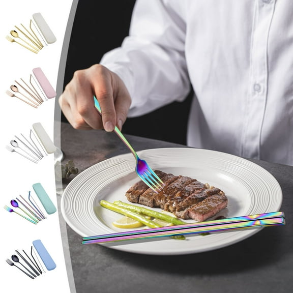 Viflosae Stainless Steel Silverware Set Titanium Coated 6 Piece Combo with fork Spoon Chopsticks Straw Travel Student Utensils Rust Flatware for Office Picnic Camping