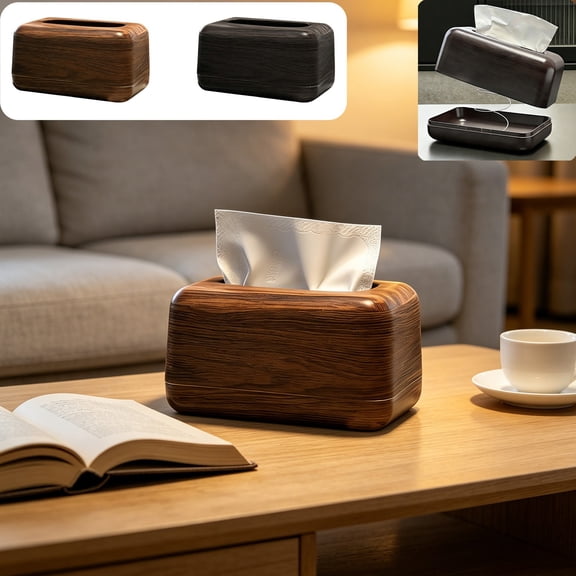 Viflosae Tissue Box Cover Rectangle Tissue Box Holdered Plastic Imitation Wood Grain Tissue Storage Box Paper Towel Storage Box with Spring Automatic Upper Paper Feeding Refillable Tissue Holders
