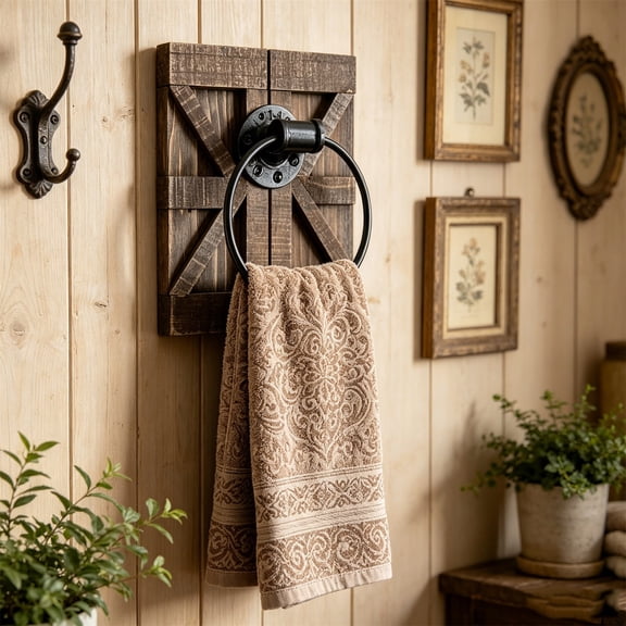 Viflosae Towel Racks Towel Racks for Bathroom Wall Mounted Towel Ring WoodenBase Black Metal Towel Wall Mounted Vintage Hand Towel Rack for Bathroom Kitchen Barn Door Style