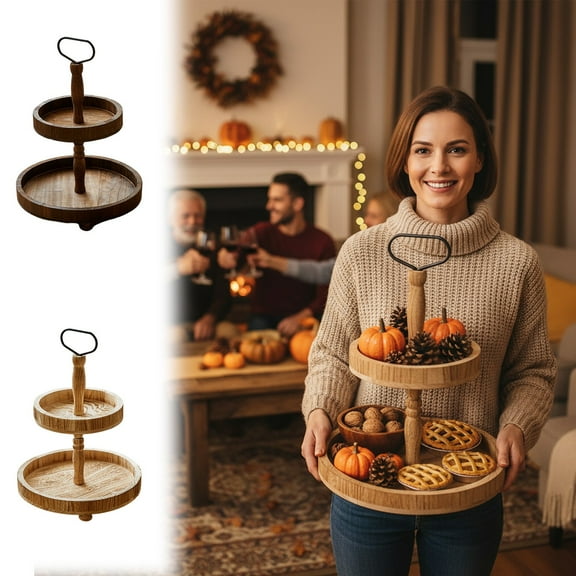 Viflosae Trays for Serving Food Food Tray 2-Tier Village Wooden Serving Tray with Handle Cupcake Stand for Desserts Fruit Snacks Kitchen Countertop Or Party Display 33x46cm