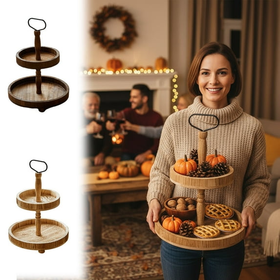 Viflosae Trays for Serving Food Food Tray 2-Tier Village Wooden Serving Tray with Handle Cupcake Stand for Desserts Fruit Snacks Kitchen Countertop Or Party Display 33x46cm