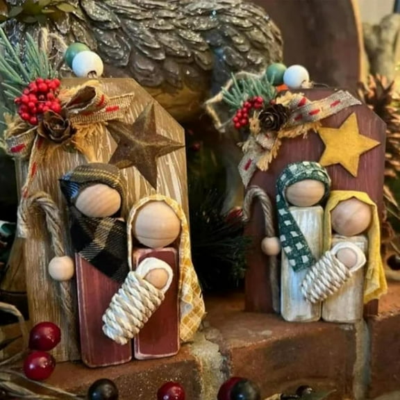 Viflosae Tree Decorations Outdoor Christmas Decorations Nativity Christmas Tree Ornaments Handmade Wooden Holy Family Set with Joseph Mary Nativity Scene Christmas Tree Hanging Decorations