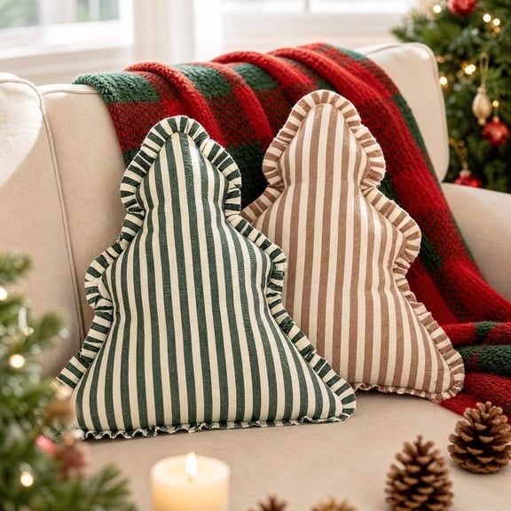 Viflosae Vintage Striped Christmas Tree Throw Pillow, Ruffled Cushion 37x35cm